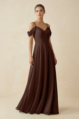 Off - the - Shoulder A - Line Pleated Chiffon Bridesmaid Gown in Espresso - KISS BRIDAL Bridesmaid Dresses