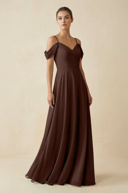 Off - the - Shoulder A - Line Pleated Chiffon Bridesmaid Gown in Espresso - SHE IS ME Bridesmaid Dresses