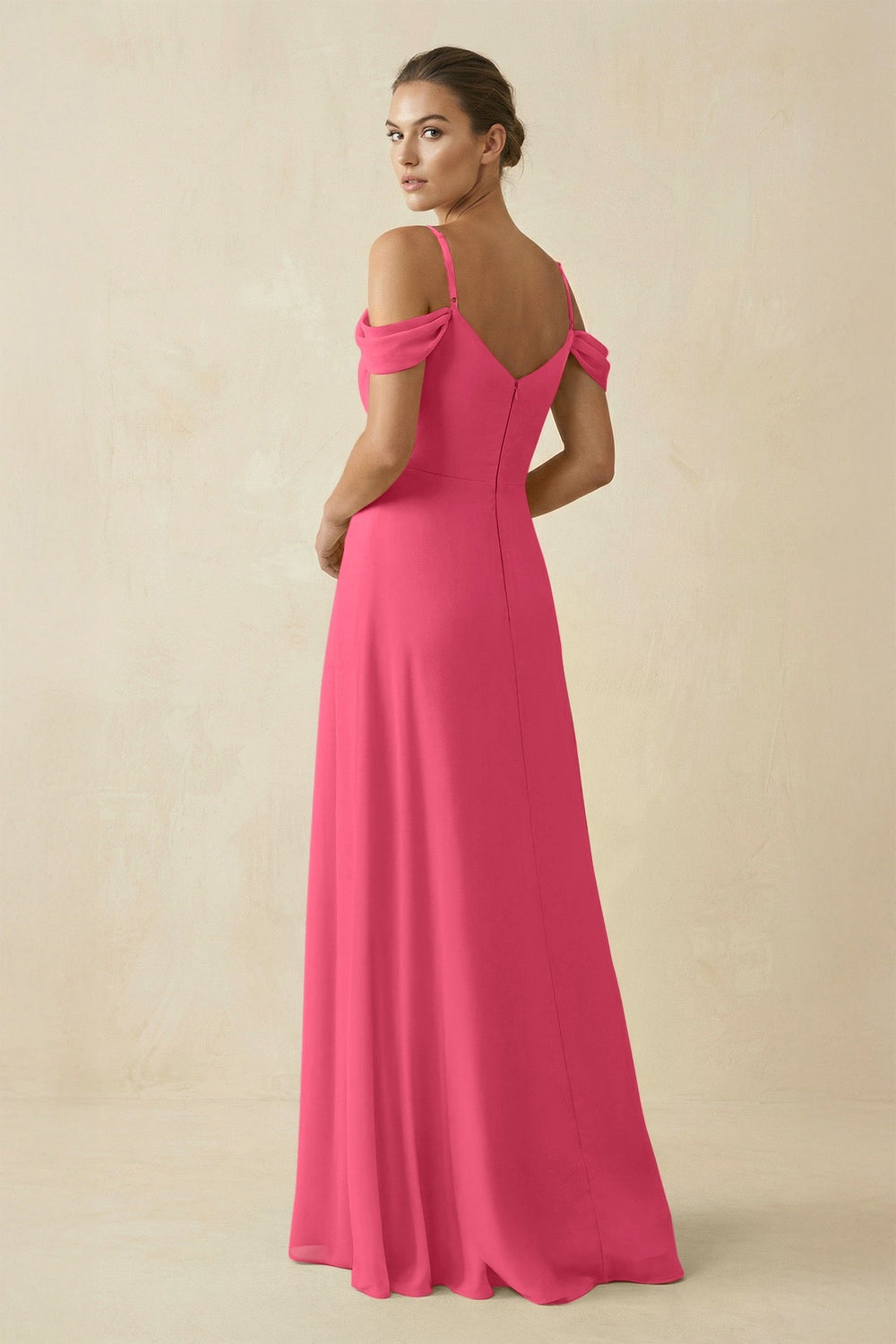 Off - the - Shoulder A - Line Pleated Chiffon Bridesmaid Gown in Fuchsia - SHE IS ME Bridesmaid Dresses