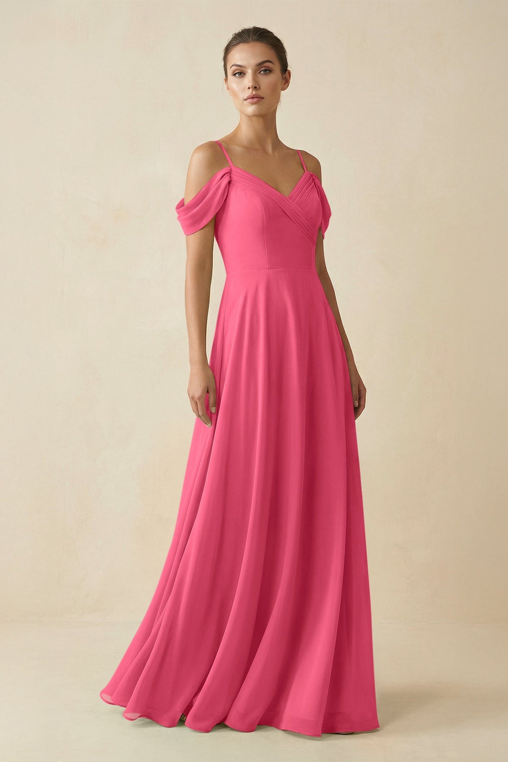 Off - the - Shoulder A - Line Pleated Chiffon Bridesmaid Gown in Fuchsia - SHE IS ME Bridesmaid Dresses