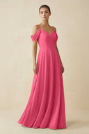 Off - the - Shoulder A - Line Pleated Chiffon Bridesmaid Gown in Fuchsia - KISS BRIDAL Bridesmaid Dresses