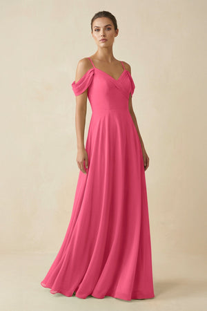 Off - the - Shoulder A - Line Pleated Chiffon Bridesmaid Gown in Fuchsia - KISS BRIDAL Bridesmaid Dresses