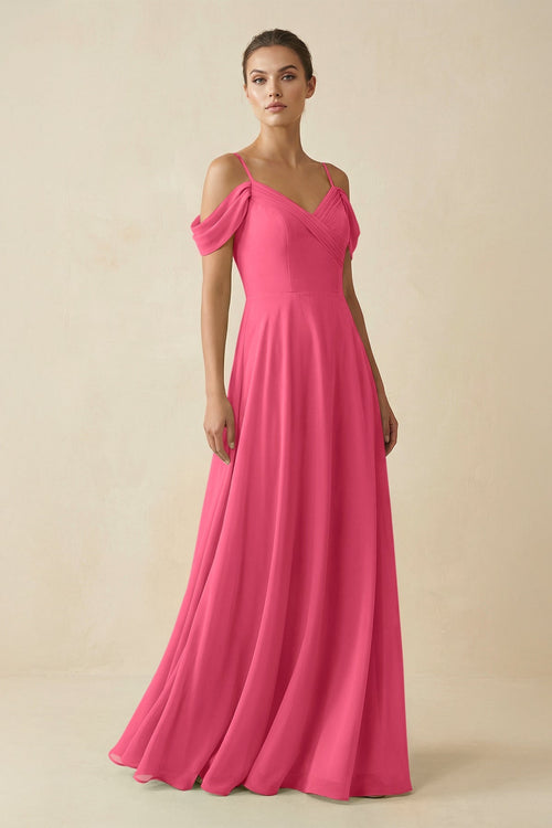 Off - the - Shoulder A - Line Pleated Chiffon Bridesmaid Gown in Fuchsia - KISS BRIDAL Bridesmaid Dresses