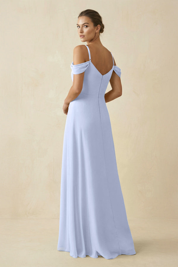 Off - the - Shoulder A - Line Pleated Chiffon Bridesmaid Gown in Ice - KISS BRIDAL Bridesmaid Dresses