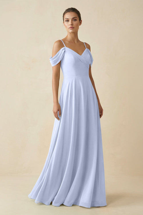 Off - the - Shoulder A - Line Pleated Chiffon Bridesmaid Gown in Ice - KISS BRIDAL Bridesmaid Dresses