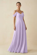 Off - the - Shoulder A - Line Pleated Chiffon Bridesmaid Gown in Lavender - SHE IS ME Bridesmaid Dresses