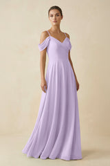 Off - the - Shoulder A - Line Pleated Chiffon Bridesmaid Gown in Lavender - KISS BRIDAL Bridesmaid Dresses