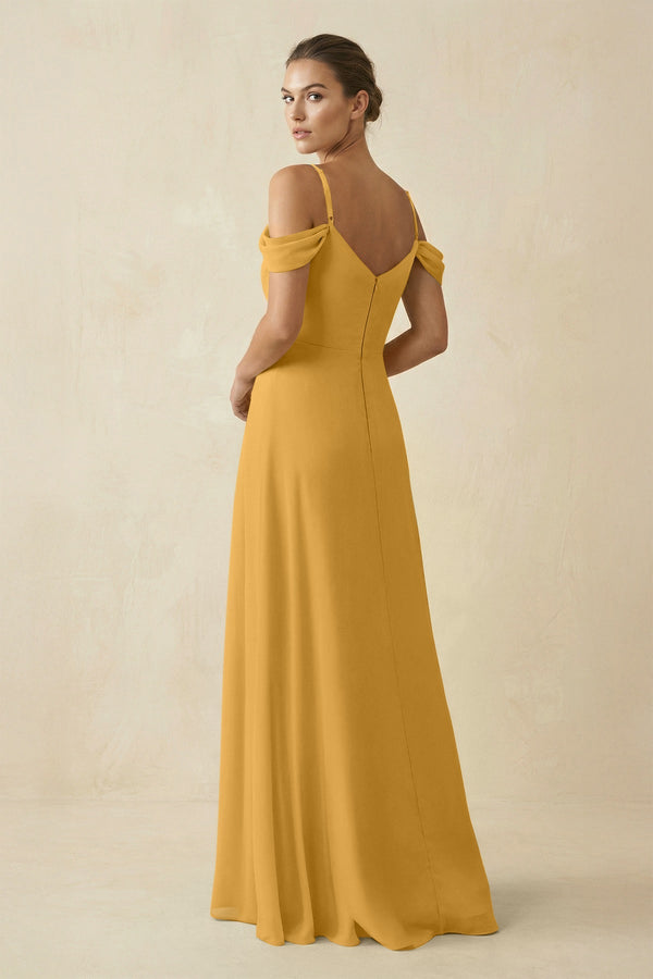 Off - the - Shoulder A - Line Pleated Chiffon Bridesmaid Gown in Marigold - KISS BRIDAL Bridesmaid Dresses