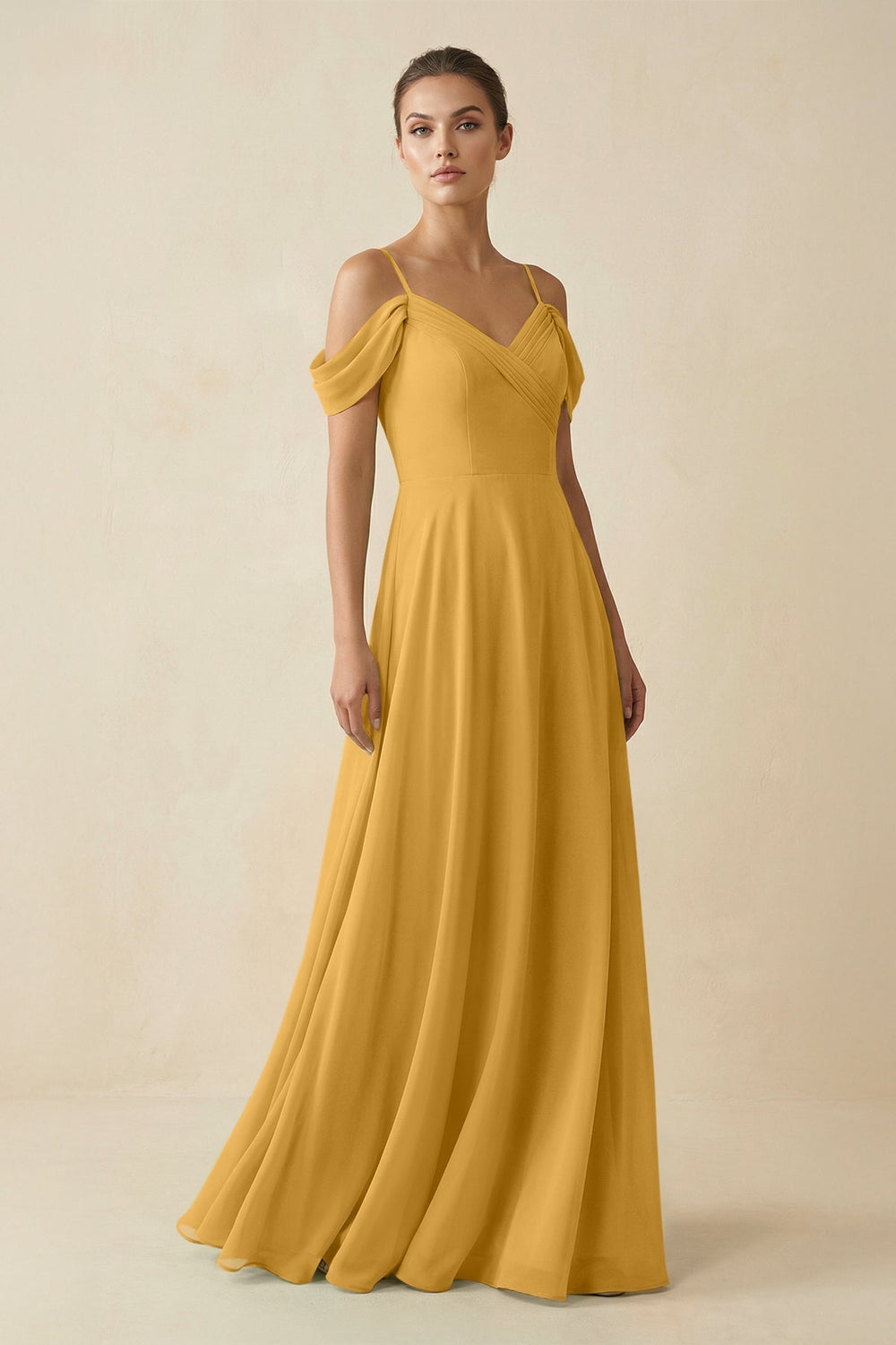 Off - the - Shoulder A - Line Pleated Chiffon Bridesmaid Gown in Marigold - SHE IS ME Bridesmaid Dresses