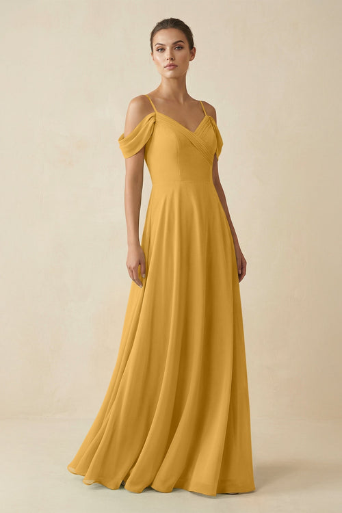 Off - the - Shoulder A - Line Pleated Chiffon Bridesmaid Gown in Marigold - KISS BRIDAL Bridesmaid Dresses