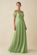 Off - the - Shoulder A - Line Pleated Chiffon Bridesmaid Gown in Matcha - SHE IS ME Bridesmaid Dresses