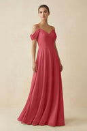 Off - the - Shoulder A - Line Pleated Chiffon Bridesmaid Gown in Merlot - KISS BRIDAL Bridesmaid Dresses