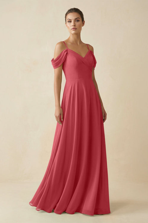 Off - the - Shoulder A - Line Pleated Chiffon Bridesmaid Gown in Merlot - KISS BRIDAL Bridesmaid Dresses