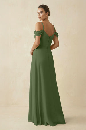 Off-the-Shoulder A-Line Pleated Chiffon Bridesmaid Gown in Moss (2) | KISSBRIDAL