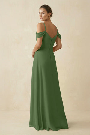 Off - the - Shoulder A - Line Pleated Chiffon Bridesmaid Gown in Moss - KISS BRIDAL Bridesmaid Dresses