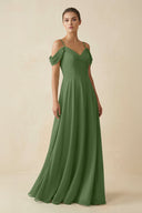 Off - the - Shoulder A - Line Pleated Chiffon Bridesmaid Gown in Moss - KISS BRIDAL Bridesmaid Dresses