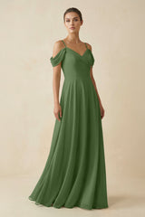 Off - the - Shoulder A - Line Pleated Chiffon Bridesmaid Gown in Moss - KISS BRIDAL Bridesmaid Dresses