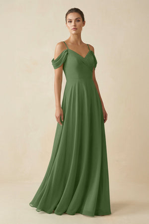 Off - the - Shoulder A - Line Pleated Chiffon Bridesmaid Gown in Moss - KISS BRIDAL Bridesmaid Dresses