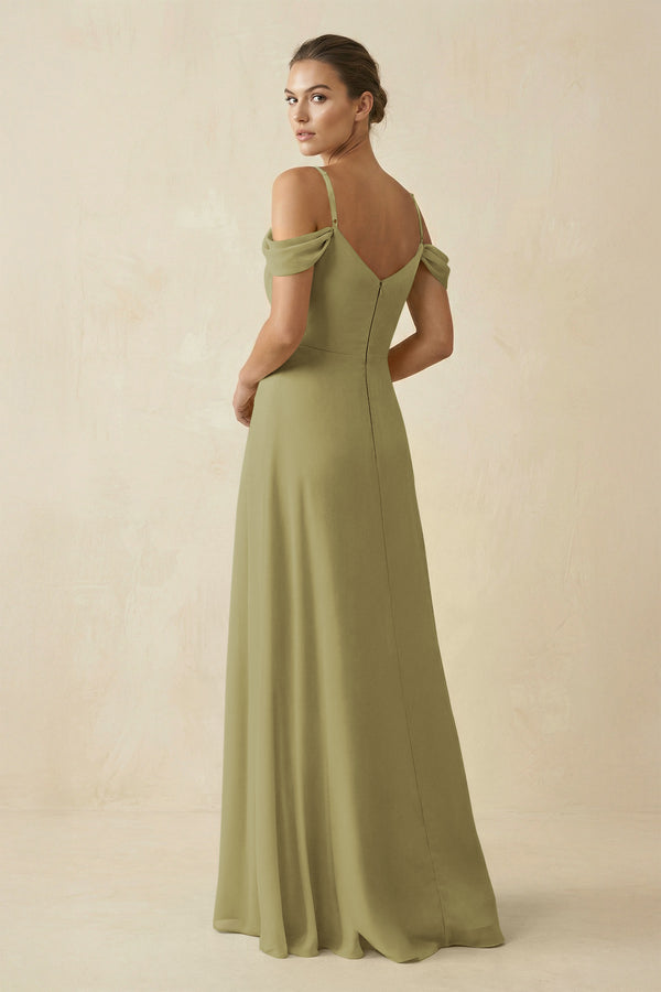 Off-the-Shoulder A-Line Pleated Chiffon Bridesmaid Gown in Moss Green (2) | KISSBRIDAL