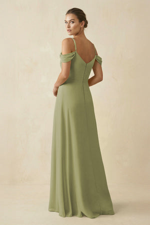Off - the - Shoulder A - Line Pleated Chiffon Bridesmaid Gown in Moss Green - SHE IS ME Bridesmaid Dresses