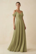 Off-the-Shoulder A-Line Pleated Chiffon Bridesmaid Gown in Moss Green | KISSBRIDAL