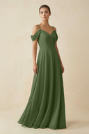 Off-the-Shoulder A-Line Pleated Chiffon Bridesmaid Gown in Moss | KISSBRIDAL