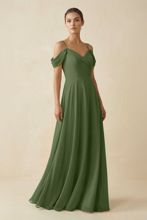 Off-the-Shoulder A-Line Pleated Chiffon Bridesmaid Gown in Moss | KISSBRIDAL