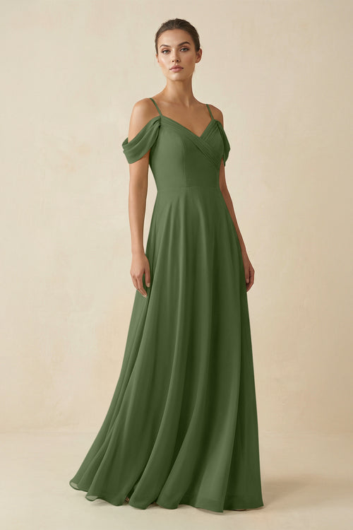 Off-the-Shoulder A-Line Pleated Chiffon Bridesmaid Gown in Moss | KISSBRIDAL