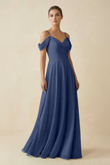 Off - the - Shoulder A - Line Pleated Chiffon Bridesmaid Gown in Navy - KISS BRIDAL Bridesmaid Dresses