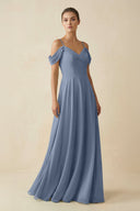Off - the - Shoulder A - Line Pleated Chiffon Bridesmaid Gown in Neptune - SHE IS ME Bridesmaid Dresses