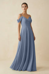 Off - the - Shoulder A - Line Pleated Chiffon Bridesmaid Gown in Neptune - KISS BRIDAL Bridesmaid Dresses