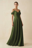 Off - the - Shoulder A - Line Pleated Chiffon Bridesmaid Gown in Olive - KISS BRIDAL Bridesmaid Dresses