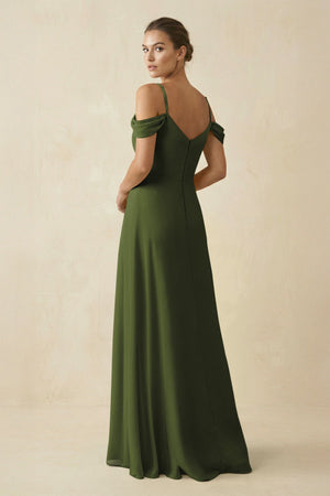 Off - the - Shoulder A - Line Pleated Chiffon Bridesmaid Gown in Olive - KISS BRIDAL Bridesmaid Dresses