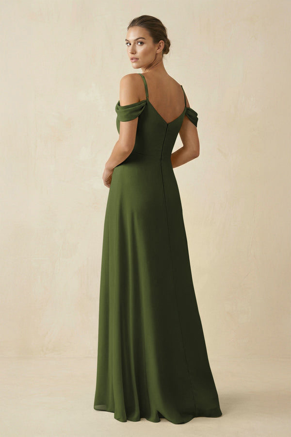 Off - the - Shoulder A - Line Pleated Chiffon Bridesmaid Gown in Olive - KISS BRIDAL Bridesmaid Dresses