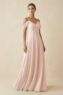 Off - the - Shoulder A - Line Pleated Chiffon Bridesmaid Gown in Pale Blush - SHE IS ME Bridesmaid Dresses