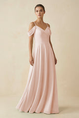 Off - the - Shoulder A - Line Pleated Chiffon Bridesmaid Gown in Pale Blush - KISS BRIDAL Bridesmaid Dresses