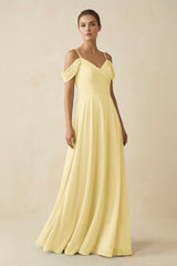 Off - the - Shoulder A - Line Pleated Chiffon Bridesmaid Gown in Pastel Yellow - KISS BRIDAL Bridesmaid Dresses