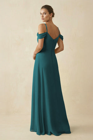Off - the - Shoulder A - Line Pleated Chiffon Bridesmaid Gown in Pine - KISS BRIDAL Bridesmaid Dresses