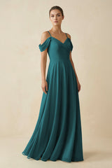Off - the - Shoulder A - Line Pleated Chiffon Bridesmaid Gown in Pine - KISS BRIDAL Bridesmaid Dresses