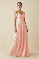 Off - the - Shoulder A - Line Pleated Chiffon Bridesmaid Gown in Rose Petal - KISS BRIDAL Bridesmaid Dresses