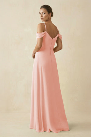 Off - the - Shoulder A - Line Pleated Chiffon Bridesmaid Gown in Rose Petal - KISS BRIDAL Bridesmaid Dresses