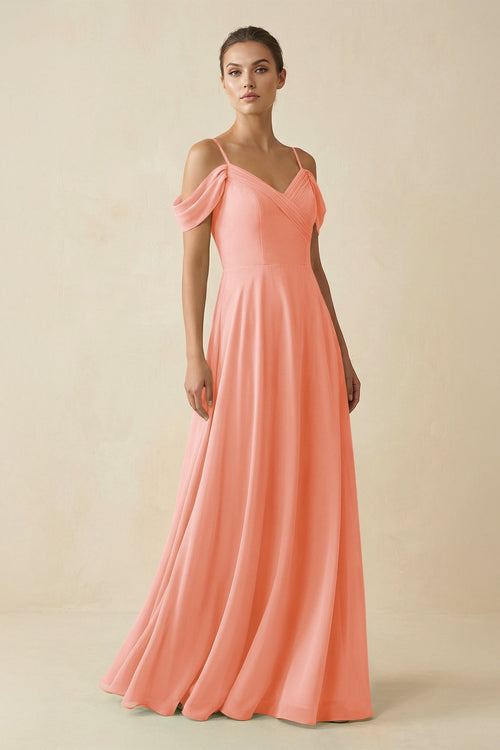Off - the - Shoulder A - Line Pleated Chiffon Bridesmaid Gown in Rosette - KISS BRIDAL Bridesmaid Dresses