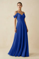 Off - the - Shoulder A - Line Pleated Chiffon Bridesmaid Gown in Royal Blue - KISS BRIDAL Bridesmaid Dresses