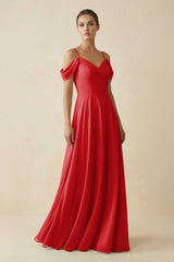 Off - the - Shoulder A - Line Pleated Chiffon Bridesmaid Gown in Ruby Red - KISS BRIDAL Bridesmaid Dresses