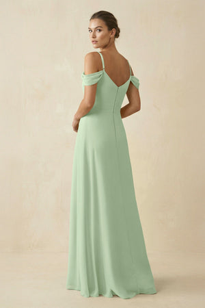 Off - the - Shoulder A - Line Pleated Chiffon Bridesmaid Gown in Sage - SHE IS ME Bridesmaid Dresses