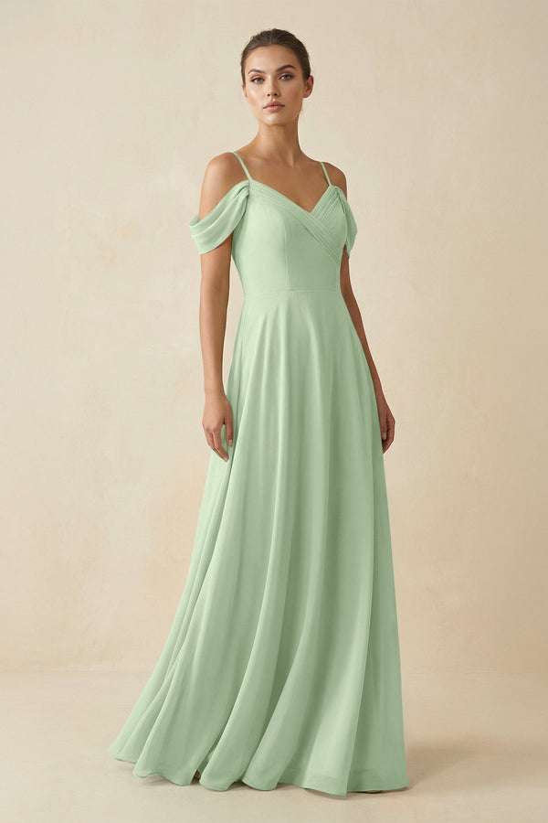 Off - the - Shoulder A - Line Pleated Chiffon Bridesmaid Gown in Sage - KISS BRIDAL Bridesmaid Dresses