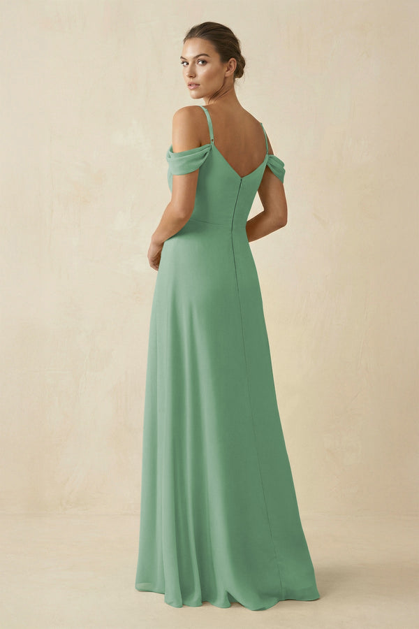 Off - the - Shoulder A - Line Pleated Chiffon Bridesmaid Gown in Sea Glass - KISS BRIDAL Bridesmaid Dresses