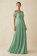Off - the - Shoulder A - Line Pleated Chiffon Bridesmaid Gown in Sea Glass - KISS BRIDAL Bridesmaid Dresses