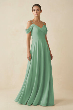 Off - the - Shoulder A - Line Pleated Chiffon Bridesmaid Gown in Sea Glass - KISS BRIDAL Bridesmaid Dresses