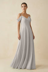 Off - the - Shoulder A - Line Pleated Chiffon Bridesmaid Gown in Silver - KISS BRIDAL Bridesmaid Dresses